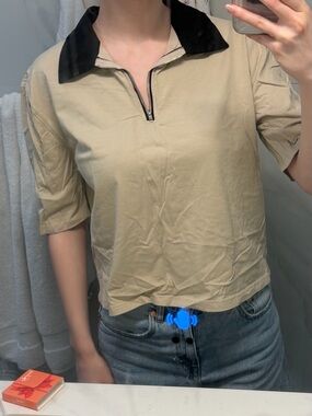 Women’s Zip Polo Top in Beige with Black Collar- Dazy
